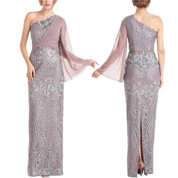 JS Collection Grey One-Shoulder Overlay Lace Gown Size 4 - Picture 1 of 8